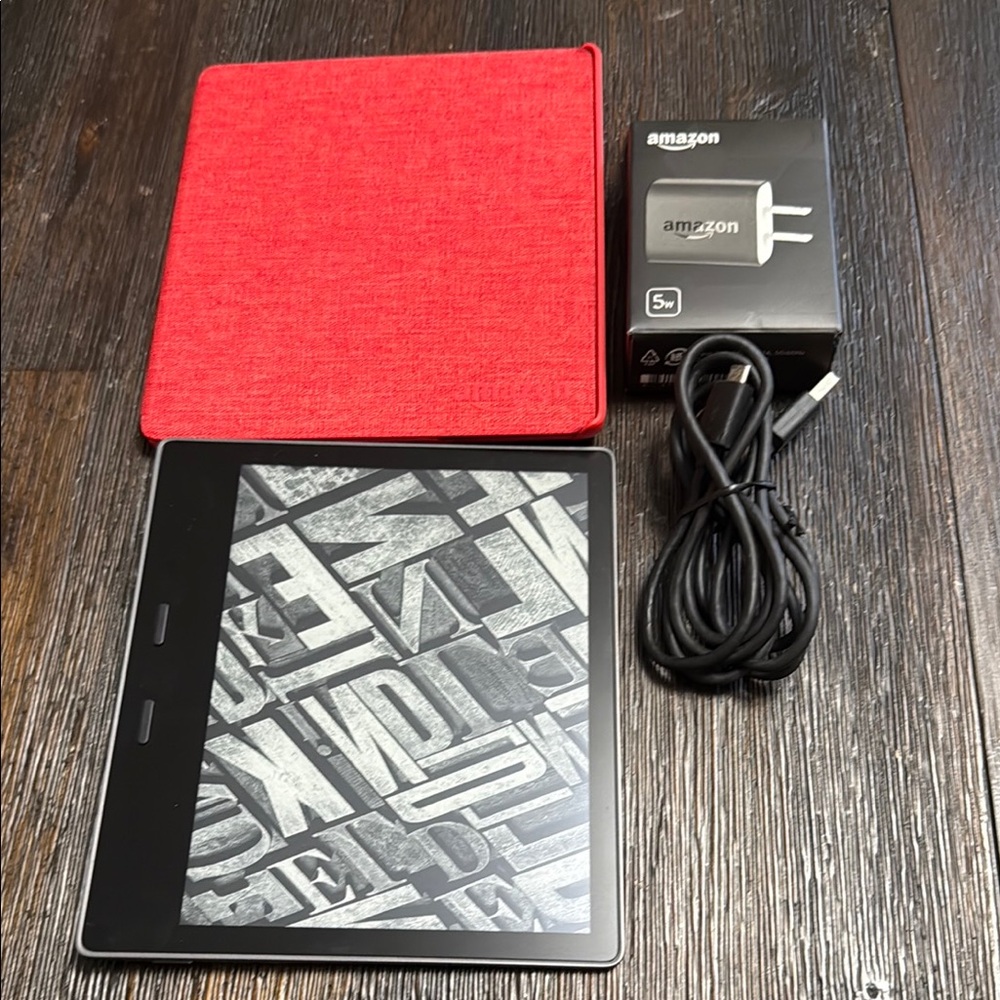 Amazon Kindle eReader with Red Cover and Accessories